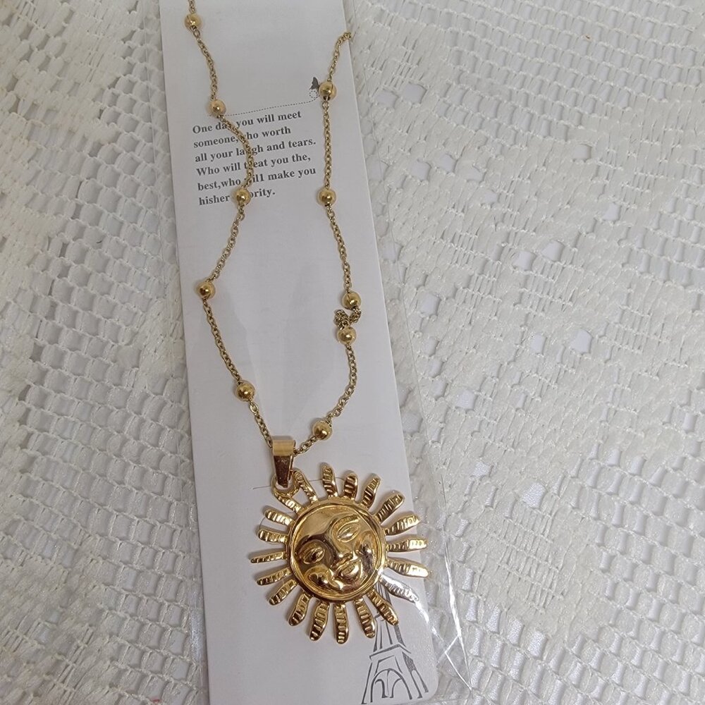 Sun Face Pendant Necklace Beaded Chain Stainless Steel 20 Inch 2 Inch Adj NEW - Picture 4 of 12